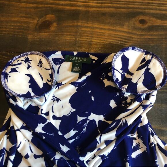 Ralph Lauren Dress Womens Sz 10 Floral Sheath Ruching Blue Slinky Stretch Wrap - Picture 11 of 11